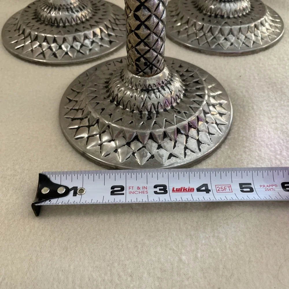 Vintage Set 3 Metal Palm Tree Taper Candle Holders Silver Blackwash Felt Bottom